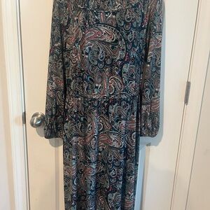 Talbots Navy Paisley Long Sleeve Maxi Dress with Red Accents
